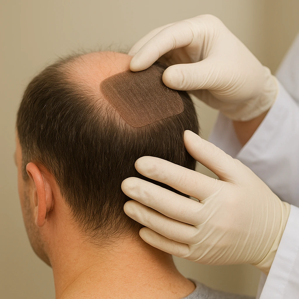 Hair patch service in Noida showing a technician applying a realistic hair patch on a balding scalp.